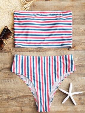Women’s Striped Two-Piece Cheeky Swim Set - Pink, Teal & White